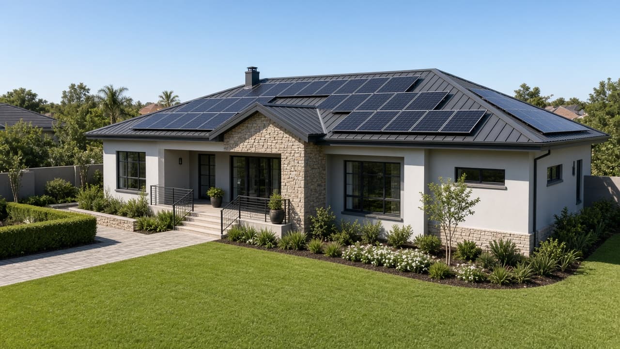 Modern suburban home with rooftop solar panels under a clear blue sky